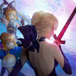 Rule 34 | 3girls, ahoge, armor, armored dress, armpits, artoria pendragon (all), artoria pendragon (fate), back, backlighting, bare shoulders, blonde hair, blue dress, blue eyes, blue sky, braid, breasts, choker, cleavage, cleavage cutout, closed mouth, clothing cutout, cloud, cloudy sky, commentary request, detached sleeves, dress, excalibur (fate/stay night), excalibur morgan (fate), fate/grand order, fate/stay night, fate/unlimited codes, fate (series), from side, green eyes, hair between eyes, hair ribbon, highres, holding, holding sword, holding weapon, jewelry, juliet sleeves, large breasts, lips, long sleeves, looking at viewer, medium breasts, multiple girls, profile, puffy sleeves, ribbon, saber (fate), saber alter, saber lily, shoulder blades, sky, sword, victor bang, weapon, yellow eyes