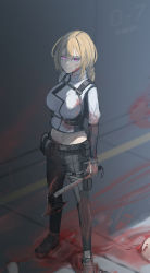 Rule 34 | 1girl, absurdres, ai-bon, ammunition belt, arm behind back, artist name, axe, belt, black footwear, black gloves, black pants, blonde hair, blood, blood on clothes, blood on face, breasts, closed mouth, full body, gloves, harness, highres, holding, holding axe, holster, long hair, long sleeves, looking at viewer, medium breasts, navel, original, pants, ponytail, purple eyes, serious, shirt, shoes, simple background, solo, standing, tactical clothes, white shirt, zilya (midoku)