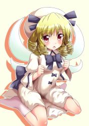 Rule 34 | 1girl, blonde hair, chestnut mouth, drill hair, fairy wings, female focus, hat, luna child, content rating, red eyes, sitting, solo, touhou, wariza, wide sleeves, wings, yakumo nanahara