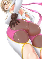 Rule 34 | 1girl, ass, back, blonde hair, blush, breasts, brown eyes, brown gloves, djeeta (granblue fantasy), gloves, granblue fantasy, highres, kemigawa mondo, large breasts, long hair, looking at viewer, looking back, luchador (granblue fantasy), open mouth, short hair, simple background, thick thighs, thighs, white background, wide hips, wrestling mask, wrestling outfit