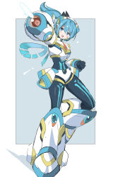 Rule 34 | 1girl, absurdres, arm cannon, black bodysuit, blue eyes, blue hair, blush, bodysuit, clenched hand, dive armor rico (mega man), energy gun, energy wings, firing, full body, highres, huanxiang huifeng, medium hair, mega man (series), mega man x (series), mega man x dive, neon trim, rico (mega man), side ponytail, simple background, solo, weapon, white footwear