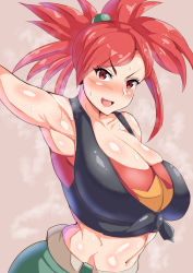 Rule 34 | 1girl, armpits, bare arms, blush, breasts, cleavage, creatures (company), female focus, flannery (pokemon), game freak, gym leader, hand up, high ponytail, hip focus, large breasts, looking at viewer, matching hair/eyes, midriff, namae ga kimaranai man, navel, nintendo, open mouth, pokemon, pokemon oras, ponytail, red eyes, red hair, shirt, simple background, sleeveless, solo, standing, steaming body, sweat, tied shirt, upper body, vest