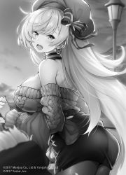 Rule 34 | 1girl, :d, absurdres, aran sweater, azur lane, belfast (azur lane), belfast (shopping with the head maid) (azur lane), beret, blush, bow, breasts, cable knit, choker, cowboy shot, cropped, day, earrings, floating hair, from side, glint, greyscale, hat, hat bow, hat ribbon, high-waist skirt, highres, hoop earrings, jewelry, large breasts, long hair, looking at viewer, monochrome, nail polish, off-shoulder sweater, off shoulder, official art, open mouth, outdoors, pantyhose, raiou, ribbon, shawl, skirt, smile, solo, sweater, third-party edit, watermark, wind