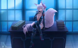 Rule 34 | 1girl, animal ear fluff, animal ears, black bodysuit, bodysuit, book, boots, breasts, center opening, cleavage, clothing cutout, collarbone, desk, fate/grand order, fate (series), fox ears, fox girl, fox tail, glasses, hair between eyes, hair ribbon, hip vent, koyanskaya (fate), large breasts, long hair, looking at viewer, no bra, no panties, pink hair, pink ribbon, ribbon, sitting, smile, solo, tail, tamamo (fate), thanabis, thigh cutout, thighs, window, yellow eyes
