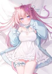 Rule 34 | 1girl, ahoge, animal ears, blue jacket, blush, cat ears, cat girl, cat tail, clothing cutout, commission, dress, hakua aa, heart cutout, highres, indie virtual youtuber, itigori ena, jacket, long hair, open clothes, open jacket, pink hair, purple eyes, skeb commission, sleeves past fingers, sleeves past wrists, solo, tail, thigh strap, virtual youtuber, white dress
