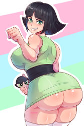 Rule 34 | 1girl, artist name, ass, bare shoulders, black hair, blush, breasts, buttercup (ppg), dress, covered erect nipples, from behind, green eyes, highres, huge ass, large breasts, looking at viewer, looking back, no panties, pinkkoffin, powerpuff girls, short hair, sleeveless, smile, solo, thick thighs, thighhighs, thighs