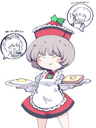 Rule 34 | 3girls, apron, blush stickers, bread slice, brown hair, chahan (fried rice0614), closed eyes, closed mouth, food, fried egg, hat, hat ornament, highres, holding, holding plate, long sleeves, lunasa prismriver, lyrica prismriver, merlin prismriver, multiple girls, plate, red headwear, red skirt, red vest, shirt, short hair, siblings, simple background, sisters, skirt, smile, solo focus, star (symbol), star hat ornament, toast, touhou, vest, white apron, white background, white shirt, zzz