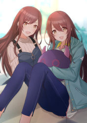 Rule 34 | 2girls, alstroemeria (idolmaster), blue jacket, blush, breasts, brown hair, commentary, cowboy shot, denim, hugging doll, hair between eyes, highres, idolmaster, idolmaster shiny colors, jacket, jeans, long hair, looking at viewer, medium breasts, multiple girls, noro (akatuki 1110), hugging object, open mouth, osaki amana, osaki tenka, overalls, pants, shirt, siblings, sisters, sitting, smile, stuffed toy, sweater, twins, white shirt, white sweater, yellow eyes