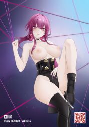 Rule 34 | 1girl, akaisu, ass, black footwear, black jacket, black shorts, blush, boots, breasts, censored, censored nipples, chest harness, closed mouth, collar, eyewear on head, hand on own stomach, hand up, harness, high-waist shorts, highres, honkai: star rail, honkai (series), jacket, jewelry, kafka (honkai: star rail), knee up, large breasts, long hair, looking at viewer, low ponytail, nail polish, open clothes, open jacket, paid reward available, pink lips, pink pupils, ponytail, purple eyes, purple hair, purple nails, ring, round eyewear, short shorts, shorts, sidelocks, sitting, smile, solo, spider web print, strap, sunglasses, thigh boots, thighs, topless
