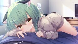 Rule 34 | 1boy, 1girl, :&lt;, animal ears, blurry, blush, bokeh, braid, cat ears, depth of field, game cg, green hair, highres, hood, hoodie, indoors, long hair, long sleeves, looking at viewer, lying, lying on person, mikagami mamizu, official art, on back, on bed, on person, photoshop (medium), pov, rina (unless terminalia), solo focus, under covers, unless terminalia, yellow eyes