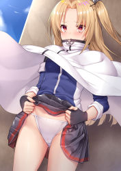 Rule 34 | 1girl, azur lane, black gloves, blonde hair, blue sky, blush, capelet, cleveland (azur lane), clothes lift, commentary request, commission, covered mouth, eyes visible through hair, fingerless gloves, gloves, lifting own clothes, long hair, long sleeves, looking at viewer, one side up, panties, parted lips, pleated skirt, red eyes, sidelocks, skeb commission, skirt, skirt lift, sky, solo, torimaru, underwear, white capelet, white panties