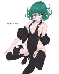 Rule 34 | 1girl, absurdres, artist name, bare shoulders, black choker, black dress, black footwear, black thighhighs, blush, breasts, choker, dress, female focus, full body, gen.fleur, green eyes, green hair, halter dress, halterneck, high heels, highres, looking at viewer, o-ring, o-ring strap, one-punch man, shiny clothes, short hair, simple background, skindentation, small breasts, squatting, tatsumaki, thighhighs, thighs, twitter username, white background
