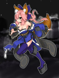 Rule 34 | 1girl, absurdres, animal ears, asha, black footwear, black sash, blue dress, blue sleeves, blurry, blurry background, bow, breasts, cleavage, closed mouth, commentary request, detached sleeves, dress, fate/extra, fate/grand order, fate (series), fox ears, fox girl, fox tail, frilled sleeves, frills, full body, hair between eyes, hair bow, hair over one eye, highres, long bangs, long hair, looking at viewer, medium breasts, obi, okobo, outline, pink hair, purple bow, purple thighhighs, running, sandals, sash, smile, solo, strapless, strapless dress, tabi, tail, tamamo (fate), tamamo no mae (fate/extra), thighhighs, twintails, white outline