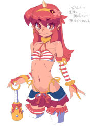 Rule 34 | 1girl, bare shoulders, breasts, cleavage, colored skin, cowboy shot, detached sleeves, long hair, metata, navel, original, pink skin, pointy ears, red eyes, red hair, slit pupils, small breasts, solo, striped sleeves, thighhighs, white thighhighs