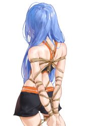 Rule 34 | 1girl, arms behind back, bare shoulders, bdsm, black bra, black shorts, black sports bra, blue hair, bondage, bound, bound arms, bound legs, bound wrists, bra, charles (106858), dimples of venus, female focus, from behind, hair over shoulder, highres, long hair, looking away, bae minah (chaesu), rope, shibari, shiny skin, shorts, shoulder blades, simple background, skindentation, solo, sports bra, standing, tagme, underwear, white background