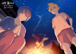 Rule 34 | 2boys, blonde hair, blue eyes, blue hair, blue shirt, bonfire, commentary, fire, forest, from below, hand on own hip, kagamine len, kaito (vocaloid), looking at viewer, male focus, multiple boys, nature, night, night sky, obon, outdoors, own hands together, praying, shirt, short ponytail, short sleeves, shorts, sinaooo, sky, smile, spiked hair, squatting, standing, star (sky), starry sky, vocaloid, white shirt