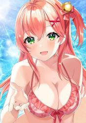 Rule 34 | 1girl, ahoge, bare shoulders, bell, bikini, blush, breasts, cherry blossoms, cleavage, collarbone, day, green eyes, hair bell, hair between eyes, hair ornament, hairclip, hololive, large breasts, light rays, long hair, looking back, motsunuki, one side up, open mouth, outdoors, pink bikini, pink hair, reaching, reaching towards viewer, sakura miko, sakura miko (hololive summer 2019), solo, swimsuit, upper body, virtual youtuber