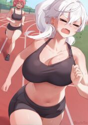 Rule 34 | 2girls, black footwear, black shorts, black sports bra, blue sky, blush, bouncing breasts, breasts, cleavage, closed eyes, collarbone, commentary, day, ebi (idamaria), english commentary, highres, iwbitu, large breasts, multiple girls, navel, nyopu, open mouth, original, outdoors, ponytail, red hair, running, shoes, short hair, shorts, sky, sports bra, sweat, thighs, track and field, twitter username, white hair