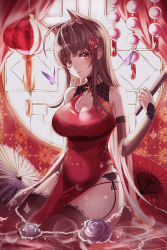 Rule 34 | 1girl, ahoge, animal ears, bad id, bad pixiv id, bare shoulders, blunt bangs, blush, breasts, brown hair, bug, butterfly, chap chap, china dress, chinese clothes, cleavage, cleavage cutout, clothing cutout, dress, dsr-50 (girls&#039; frontline), dsr-50 (red peony) (girls&#039; frontline), flower, folded fan, folding fan, garter straps, girls&#039; frontline, hair flower, hair ornament, hand fan, highres, holding, insect, large breasts, long hair, looking at viewer, official alternate costume, pelvic curtain, red dress, red eyes, seiza, shoes, side slit, sitting, sleeveless, sleeveless dress, solo, thighhighs, thighs, umbrella, very long hair