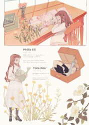 Rule 34 | 1girl, 1other, absurdres, animal, black cat, blue umbrella, cat, chair, character profile, closed eyes, closed mouth, closed umbrella, clothed animal, commentary, desk, dress, english commentary, english text, engrish text, flower, highres, holding, holding watering can, long hair, original, philia ell, pink flower, pink rose, ranguage, red hair, rose, short bangs, sitting, sleeping, sleeping on desk, suitcase, tono (rt0no), toto noir, tulip, umbrella, watering can, white dress, yellow flower