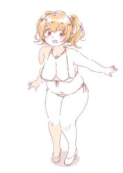 Rule 34 | 1girl, :d, belly, bikini, blonde hair, blush, blush stickers, breasts, fat, female focus, full body, headphones, high heels, jewelry, large breasts, looking at viewer, micro bikini, mitsumoto jouji, navel, necklace, nitroplus, open mouth, outstretched arms, pale color, plump, red eyes, round teeth, side-tie bikini bottom, smile, solo, super pochaco, swimsuit, teeth, thick thighs, thighs, twintails, white background