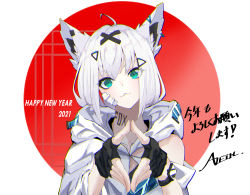 Rule 34 | 1girl, 2021, :3, absurdres, ahoge, aleth, animal ears, aqua eyes, bad id, bad pixiv id, bandage on face, bandages, black gloves, closed mouth, commentary, ear piercing, english commentary, english text, eyelashes, fingerless gloves, fingers together, fox ears, gloves, hair between eyes, hair ornament, hairclip, happy new year, head tilt, highres, hololive, hood, hoodie, huge filesize, looking at viewer, medium hair, neck tattoo, new year, own hands together, piercing, red background, shirakami fubuki, simple background, smile, solo, tattoo, upper body, virtual youtuber, white background, white hair, white hoodie, x hair ornament