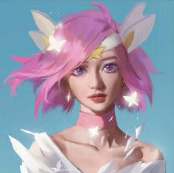 Rule 34 | 1girl, ahoge, blue background, choker, collarbone, commentary request, earrings, jewelry, league of legends, lux (league of legends), pink choker, pink hair, purple eyes, short hair, solo, star (symbol), star guardian (league of legends), star guardian lux, xiaoxiao (ghost husband)