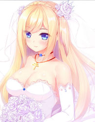 Rule 34 | 1girl, bad id, bad pixiv id, bare shoulders, blonde hair, blue eyes, blush, bouquet, braid, breasts, bridal veil, bride, choker, cleavage, cross, cross necklace, crown braid, dress, flower, hair flower, hair ornament, jewelry, large breasts, long hair, looking at viewer, necklace, prinz luzifer, richelieu (warship girls r), rose, smile, solo, strapless, strapless dress, upper body, veil, warship girls r, wedding dress, white flower, white rose