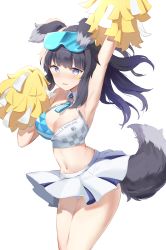 Rule 34 | 1girl, absurdres, animal ears, arm up, armpits, bare arms, black hair, blue archive, blue eyes, blush, breasts, character name, cheerleader, cleavage, cowboy shot, criss-cross halter, crop top, dog ears, dog girl, dog tail, eyewear on head, facial mark, goggles, goggles on head, halterneck, hibiki (blue archive), hibiki (cheer squad) (blue archive), highres, long hair, looking at viewer, medium breasts, millennium cheerleader outfit (blue archive), miniskirt, name tag, navel, official alternate costume, parted lips, pleated skirt, pom pom (cheerleading), same (samefgo), simple background, skirt, solo, star (symbol), star facial mark, stomach, tail, thighs, white background