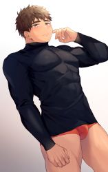 Rule 34 | 1boy, bara, black shirt, blush, boxer briefs, brown eyes, brown hair, bulge, covered abs, covered erect nipples, cowboy shot, finger to mouth, hao (haozz), long sleeves, male focus, male underwear, muscular, muscular male, orange male underwear, original, pectorals, shirt, short hair, skin tight, solo, taut clothes, taut shirt, thick thighs, thighs, underwear