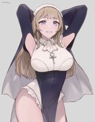 Rule 34 | 1girl, armpits, arms behind head, arms up, ascot, black dress, blonde hair, blush, breasts, chowbie, cross, dress, grey background, habit, highleg, highleg leotard, highres, large breasts, leotard, long hair, long sleeves, looking at viewer, nun, open mouth, original, pelvic curtain, purple eyes, shrug (clothing), smile, solo, white leotard