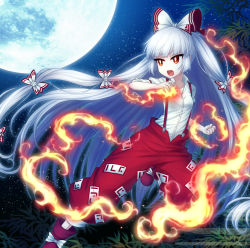 Rule 34 | 1girl, :o, album cover, ankle boots, baggy pants, bamboo, boots, bow, clenched hand, collared shirt, cover, dress shirt, feet out of frame, fighting stance, fire, fujiwara no mokou, full moon, hair bow, hair ribbon, hime cut, long hair, long sleeves, looking away, miruki, moon, night, night sky, ofuda, open mouth, outdoors, pants, red eyes, red footwear, red pants, ribbon, shirt, sidelocks, silver hair, sky, solo, star (sky), starry sky, suspenders, touhou, tress ribbon, v-shaped eyebrows, very long hair, white bow, white shirt