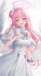 Rule 34 | 1girl, absurdres, angel wings, blue archive, blush, capelet, dress, feathered wings, flower, hair bun, hair flower, hair ornament, halo, highres, intointt, long hair, looking at viewer, mika (blue archive), open mouth, pink hair, pink halo, purple flower, simple background, single side bun, smile, solo, white background, white capelet, white dress, white wings, wings, yellow eyes