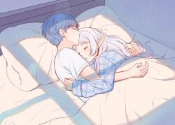 Rule 34 | 1boy, 1girl, bedroom, blue hair, closed eyes, commentary request, couple, dangle earrings, earrings, elf, frieren, hair down, himmel (sousou no frieren), hug, indoors, jewelry, korean commentary, light particles, long hair, long sleeves, on bed, parted bangs, pillow, plaid pajamas, pointy ears, shirt, short hair, sleeping, sleeves past wrists, sousou no frieren, upper body, white hair, white shirt, window shadow, yumyumppang