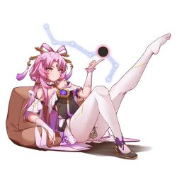 Rule 34 | 1girl, absurdres, bare shoulders, blush, bow-shaped hair, bridal gauntlets, chinese commentary, closed mouth, constellation, cushion, detached sleeves, forehead jewel, fu xuan (honkai: star rail), hair ornament, highres, honkai: star rail, honkai (series), leg up, legs, long hair, looking at viewer, low twintails, pantyhose, pink eyes, pink hair, pointing, reclining, shoes, simple background, single shoe, smile, solo, tassel, transparent background, twintails, white pantyhose, youten yy