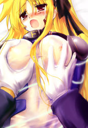 Rule 34 | 00s, 1girl, bad id, bad pixiv id, blonde hair, blush, grabbing another&#039;s breast, breasts, fate testarossa, grabbing, kimura shuuichi, long hair, lyrical nanoha, mahou shoujo lyrical nanoha, mahou shoujo lyrical nanoha strikers, red eyes, see-through, solo focus, twintails
