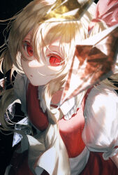 Rule 34 | 1girl, absurdres, ascot, blonde hair, collared shirt, crystal, flandre scarlet, frilled shirt collar, frilled sleeves, frills, hair between eyes, highres, looking at viewer, medium hair, mismatched pupils, multicolored wings, no headwear, one side up, open mouth, puffy short sleeves, puffy sleeves, red eyes, red skirt, red vest, shirt, short sleeves, skirt, sleeve ribbon, slit pupils, solo, toku kekakewanko, touhou, vest, white shirt, wings, yellow ascot