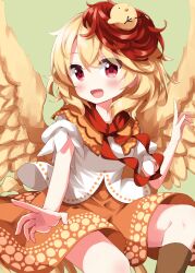 Rule 34 | 1girl, animal, animal on head, bird, bird on head, bird tail, bird wings, blonde hair, blush, boots, brown footwear, chick, dress, feathered wings, highres, knee boots, looking at viewer, multicolored hair, niwatari kutaka, on head, open mouth, orange dress, red eyes, red hair, ruu (tksymkw), shirt, short hair, short sleeves, smile, solo, tail, touhou, two-tone hair, white shirt, wings, yellow wings