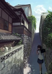 Rule 34 | 1girl, ahoge, alley, architecture, bag, berabou, brown hair, cat, day, drinking, drinking straw, east asian architecture, highres, hill, house, juice box, looking back, original, over shoulder, path, plant, road, scenery, school bag, school uniform, sky, solo, town, vines, walking, wall