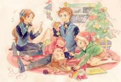 Rule 34 | 2boys, 2girls, age difference, aqua eyes, aqua vest, ascot, bell, bill cipher, brooch, brother and sister, brown hair, christmas, christmas ornaments, christmas tree, dark persona, dipper gleeful, dipper pines, dual persona, facial mark, forehead mark, formal, garden gnome, gem, gravity falls, hair ornament, hairband, hat, highres, jewelry, long hair, mabel gleeful, mabel pines, multiple boys, multiple girls, pastel (medium), pastel colors, pig, pizza box, rainbow, santa hat, short hair, siblings, swept bangs, twins, vest, waddles, will cipher