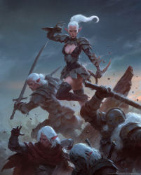 Rule 34 | 1girl, 4boys, armor, armored dress, battle, book, boots, breasts, buckler, claw (weapon), cleavage, cleavage cutout, clothing cutout, commentary, dagger, dark elf, dual wielding, elf, english commentary, fantasy, faulds, full armor, gauntlets, helmet, highres, holding, holding weapon, kilart, knife, knight, medium breasts, multiple boys, original, pointy ears, red scarf, reverse grip, scarf, shield, solo focus, spiked armor, sword, thigh boots, thighhighs, weapon, white hair, wizard, zettai ryouiki