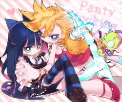 Rule 34 | 10s, 2girls, back lace, blonde hair, blue eyes, chuck (psg), green eyes, kitaya, long hair, lots of jewelry, multicolored hair, multiple girls, official style, panty &amp; stocking with garterbelt, panty (psg), siblings, sisters, stocking (psg), striped clothes, striped legwear, striped thighhighs, stripes i &amp; ii, thighhighs, two-tone hair, ya