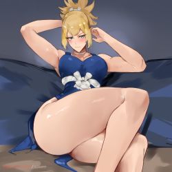 Rule 34 | 1girl, aqua eyes, artist name, blonde hair, blush, breasts, collarbone, dr. stone, kisou (kisou00), kohaku (dr. stone), large breasts, long hair, looking at viewer, solo, thick thighs, thighs