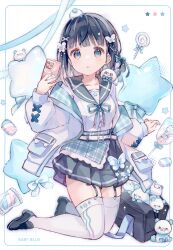 Rule 34 | 1girl, absurdres, bag, black footwear, black hair, blue eyes, blue ribbon, breasts, candy, cellphone, comitia 146, food, full body, grey sailor collar, grey skirt, hand up, highres, holding, holding phone, jacket, kneeling, loafers, lollipop, long sleeves, looking at viewer, neck ribbon, non-web source, off shoulder, open clothes, open jacket, original, parted lips, phone, pleated skirt, puffy long sleeves, puffy sleeves, ribbon, sailor collar, scan, school bag, school uniform, sencha (senta 10), serafuku, shirt, shoes, skirt, sleeves past wrists, small breasts, solo, star (symbol), swirl lollipop, thighhighs, white background, white jacket, white shirt, white thighhighs