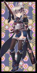 Rule 34 | 1girl, arm up, armor, black border, black footwear, black panties, blue gloves, border, brown hair, closed mouth, commentary request, floral background, gloves, green eyes, hair between eyes, highres, koshirae tsurugi (m.m), long hair, low ponytail, m.m, monster hunter (series), monster hunter rise, original, outside border, panties, partial commentary, pauldrons, ponytail, sandals, shoulder armor, single pauldron, smile, solo, thighhighs, underwear, weapon, weapon on back, zouri