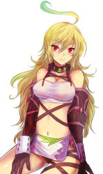 Rule 34 | 1girl, ahoge, bare shoulders, blonde hair, blush, breasts, choker, cleavage, gauntlets, gradient hair, kara (color), long hair, midriff, milla maxwell, multicolored hair, shirt, simple background, smile, solo, strapless, streaked hair, tales of (series), tales of xillia, taut clothes, taut shirt, tube top