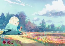 Rule 34 | 1girl, :d, animal, bad id, bad pixiv id, bird, blue eyes, blue hair, blue shirt, blue skirt, blush stickers, cloud, commentary request, day, fence, field, flower, flower field, forest, holding, holding flower, long sleeves, manino (mofuritaionaka), nature, open mouth, original, outdoors, oversized animal, parakeet, path, red footwear, road, scenery, shirt, shoes, short hair, sitting, skirt, smile, tree, wing collar