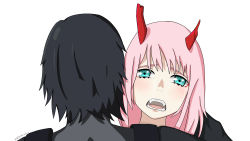 Rule 34 | 10s, 1boy, 1girl, asymmetrical horns, black bodysuit, black hair, blush, bodysuit, commentary request, couple, crying, crying with eyes open, darling in the franxx, fangs, green eyes, hetero, highres, hiro (darling in the franxx), horns, long hair, looking at viewer, oni horns, open mouth, pilot suit, pink hair, red horns, sharp teeth, short hair, signature, tears, teeth, uneven horns, xiaoying yuan, zero two (darling in the franxx)