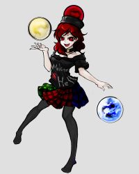 Rule 34 | 1girl, bare shoulders, black pantyhose, black shirt, breasts, contrapposto, hecatia lapislazuli, highres, miniskirt, multicolored clothes, multicolored skirt, off shoulder, pantyhose, plaid, plaid skirt, pleated skirt, red eyes, red hair, shirt, skirt, small breasts, standing, t-shirt, thighhighs, touhou, zauberkugel635
