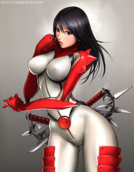 Rule 34 | 1girl, armor, belt, black eyes, black hair, bodysuit, breasts, contrapposto, curvy, fishnets, groin, hibana, hip focus, impossible clothes, kunoichi (game), large breasts, lipstick, long hair, makeup, ninja, open mouth, ryu (ryu&#039;s form site), sega, shiny clothes, skin tight, solo, spikes, standing, sword, weapon